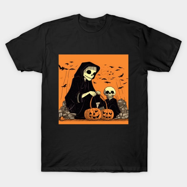 Halloween Two Skeletons with Basket of Pumpkin T-Shirt by KOTYA